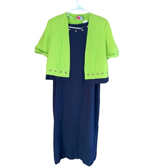 M.H.M Melissa Harper Dress Womens 10 Green Navy 2 pc Maxi Jacket Set Linen blend - Picture 1 of 16